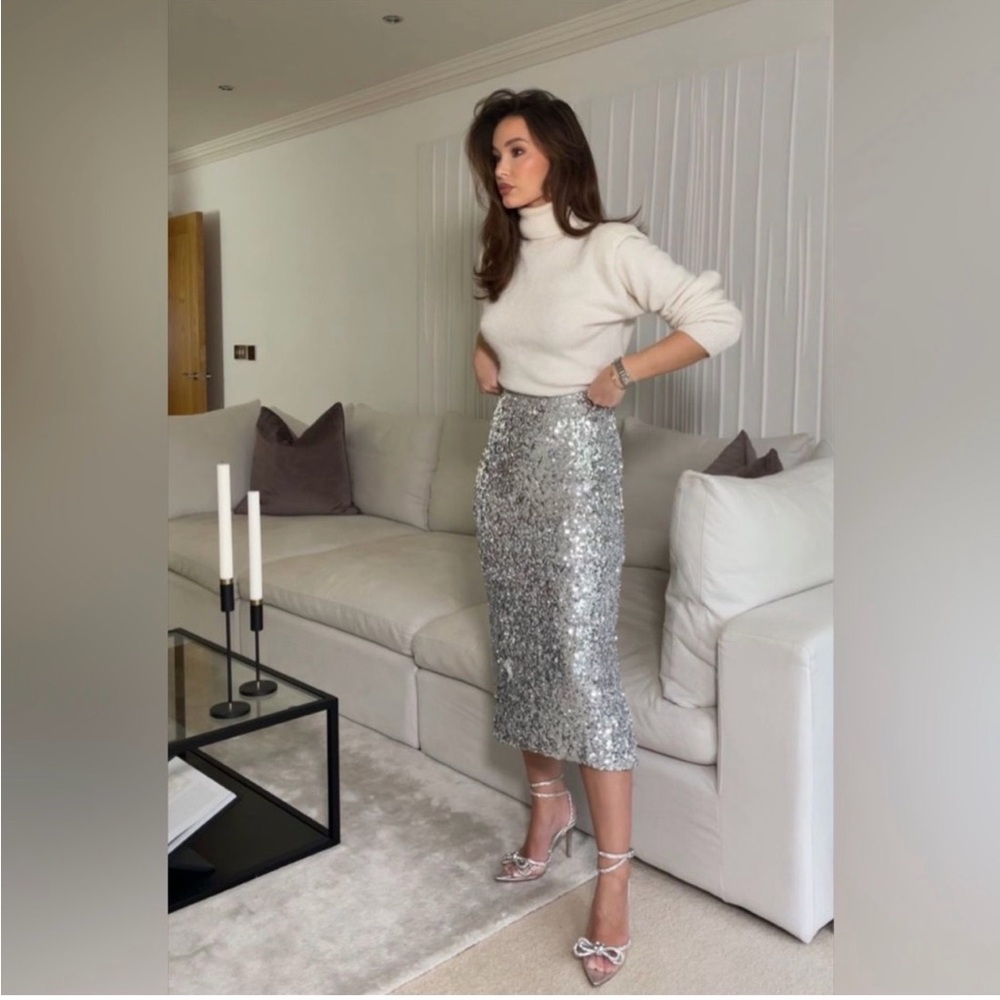 Antonio Melani Iman Sequin Pencil Midi Skirt Silver Sz 6 NWT